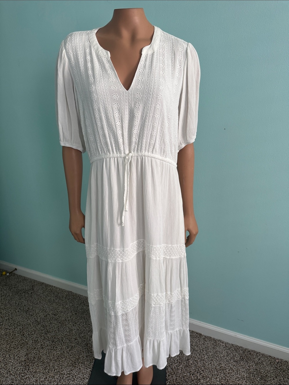 Knox Rose Bohemian White Eyelet maxi Dress with Drawstring Waist size L